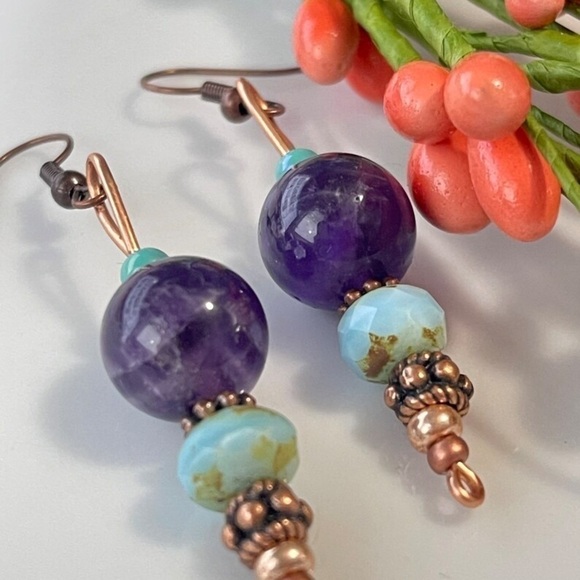 Handmade Amethyst and Copper Earrings - Picture 3 of 5